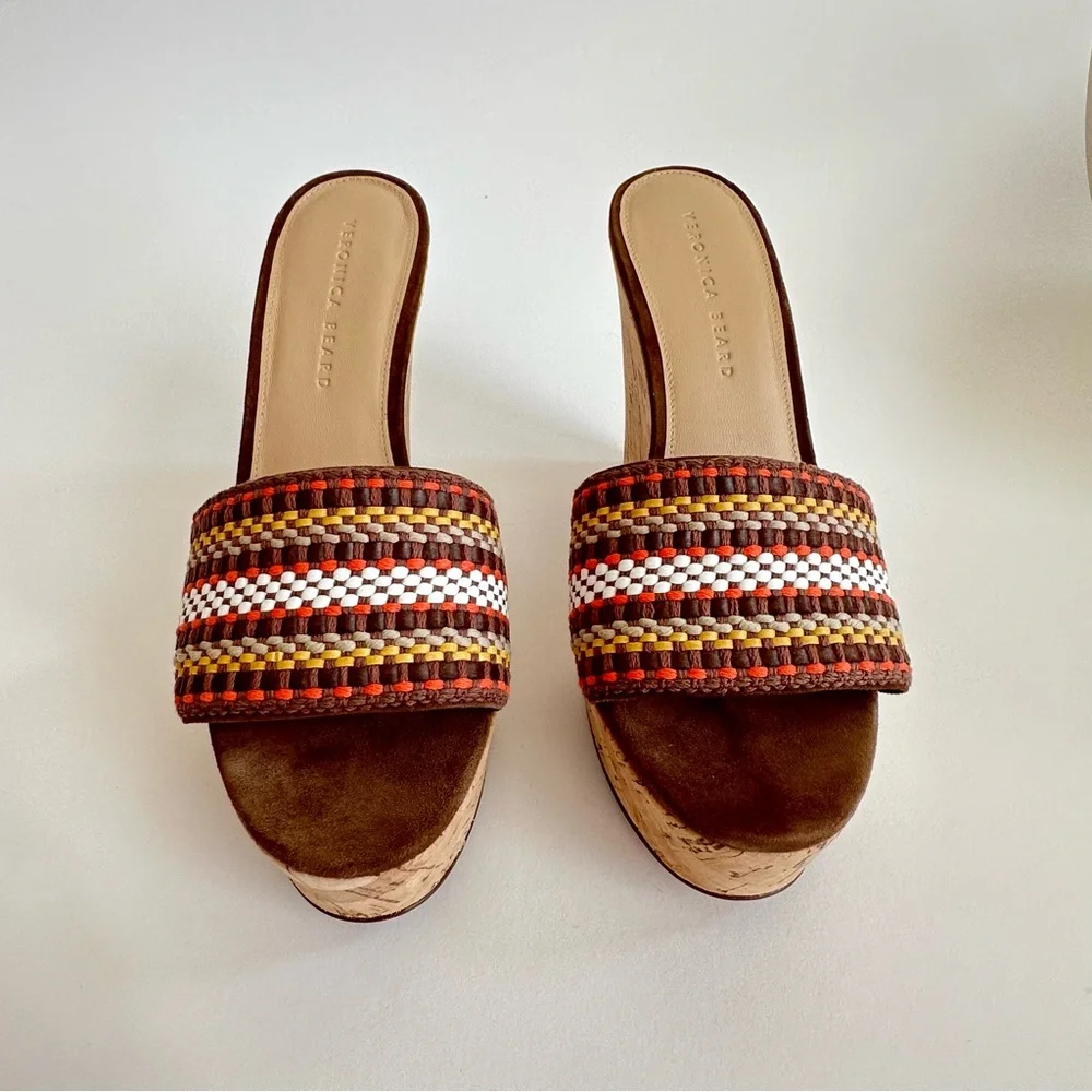 Veronica Beard Dali Multi Woven Raffia Cork Wedge Slide Sandals Brown Tan 9 NIB